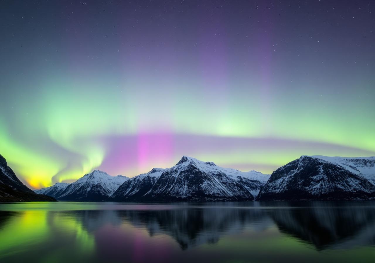 Aurora over Norwegian fjord