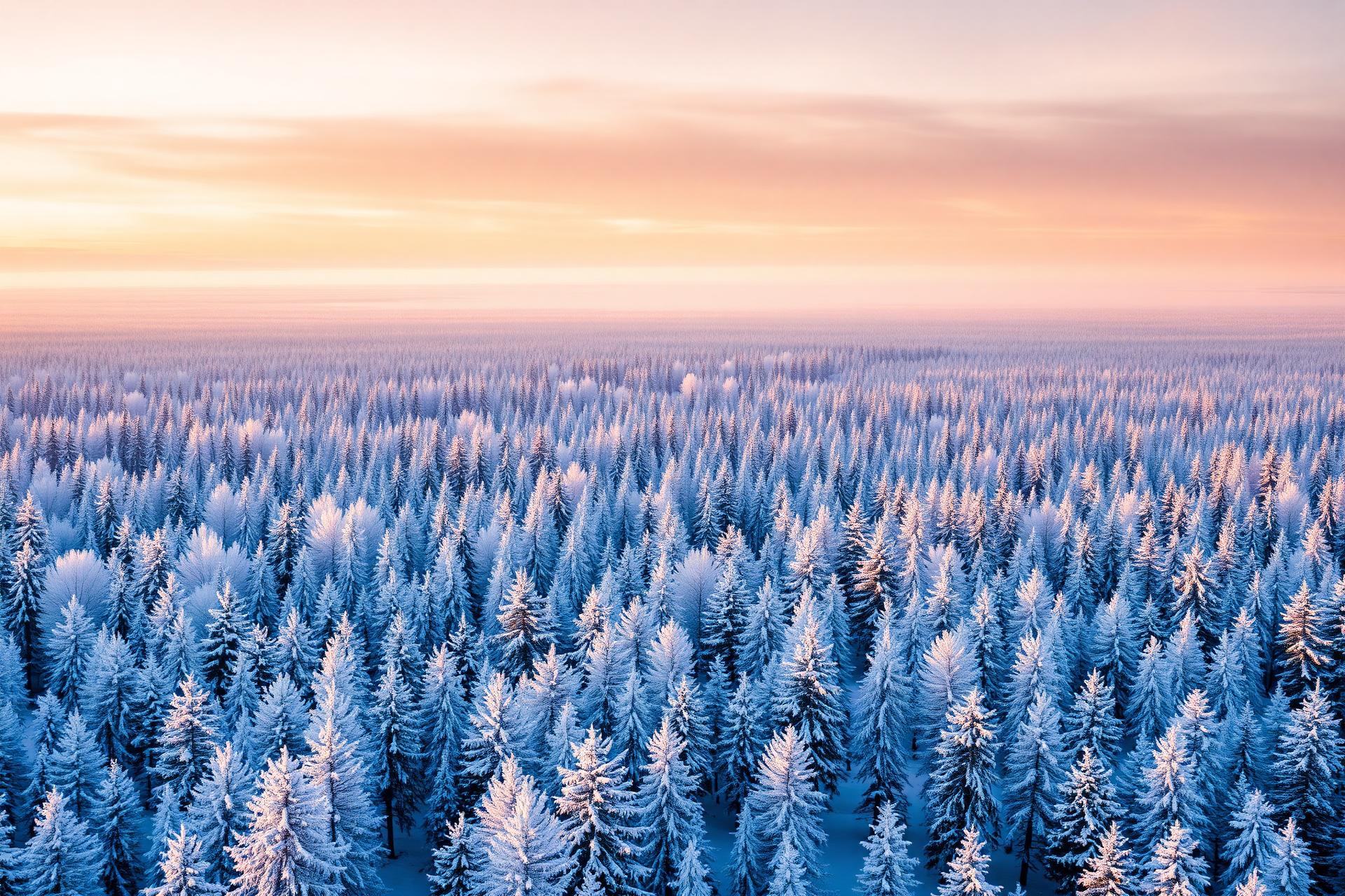 Snow-covered Nordic forest at golden hour